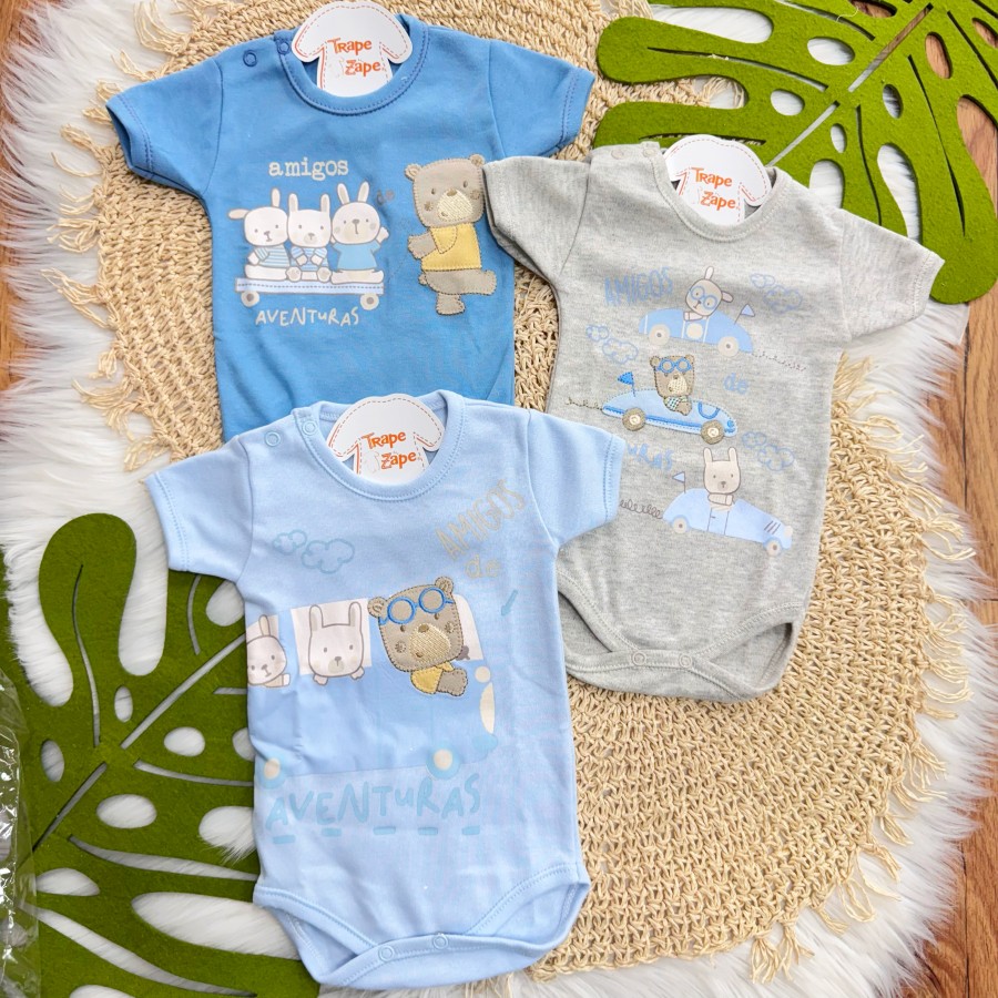 Kit 3 Peças - Bodys Manga Curta Amigos de Aventuras - Azul Jeans, Mescla e Azul Bebê